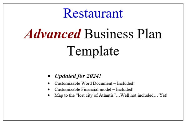 Advanced Restaurant Business Plan Template by Paul Borosky, MBA.